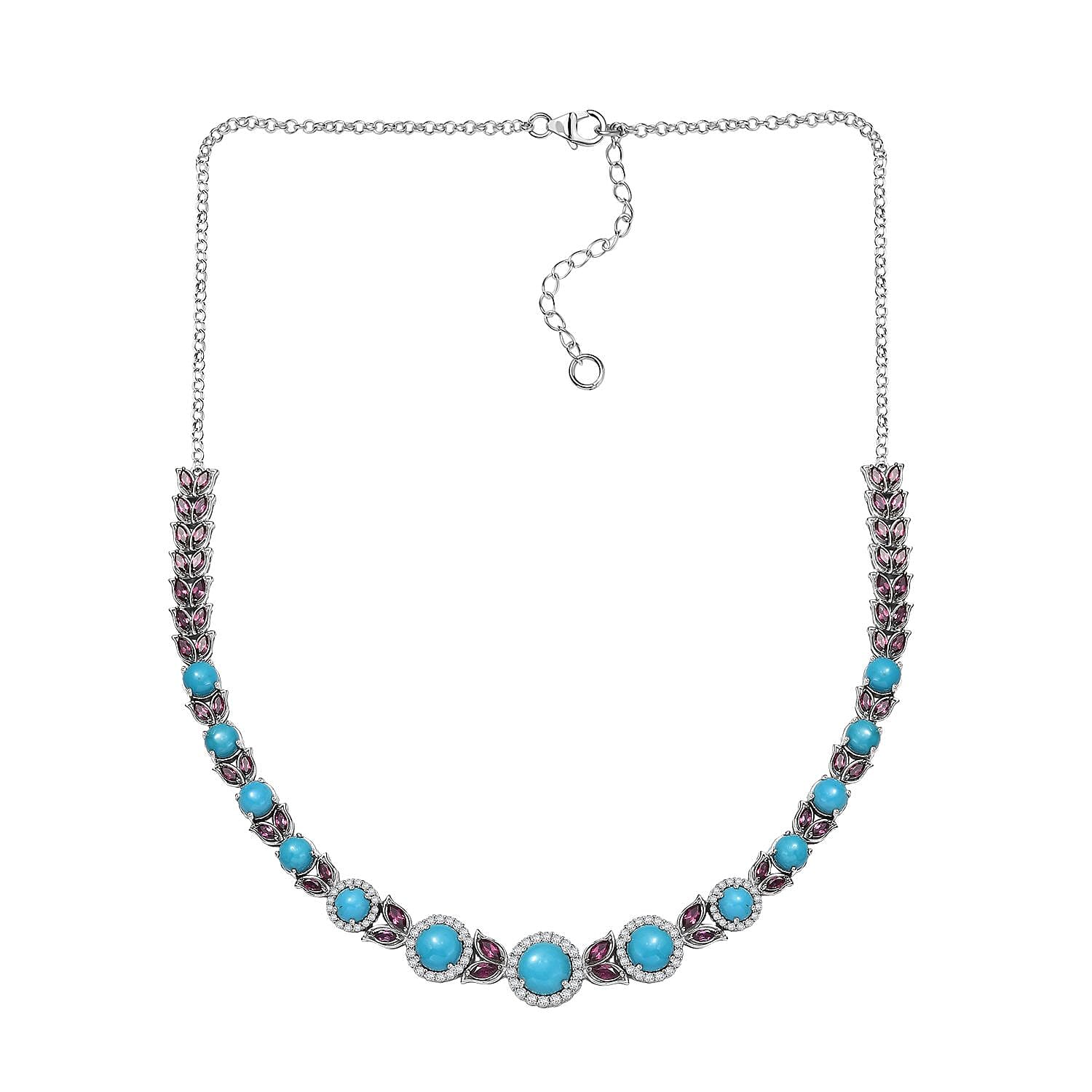 D'Joy Premium Sleeping Beauty Turquoise and Multi Gemstone 21.90 ctw Azure Bloom Necklace in Rhodium Over Sterling Silver 18 Inches