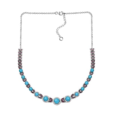 D'Joy Premium Sleeping Beauty Turquoise and Multi Gemstone 21.90 ctw Azure Bloom Necklace in Rhodium Over Sterling Silver 18 Inches