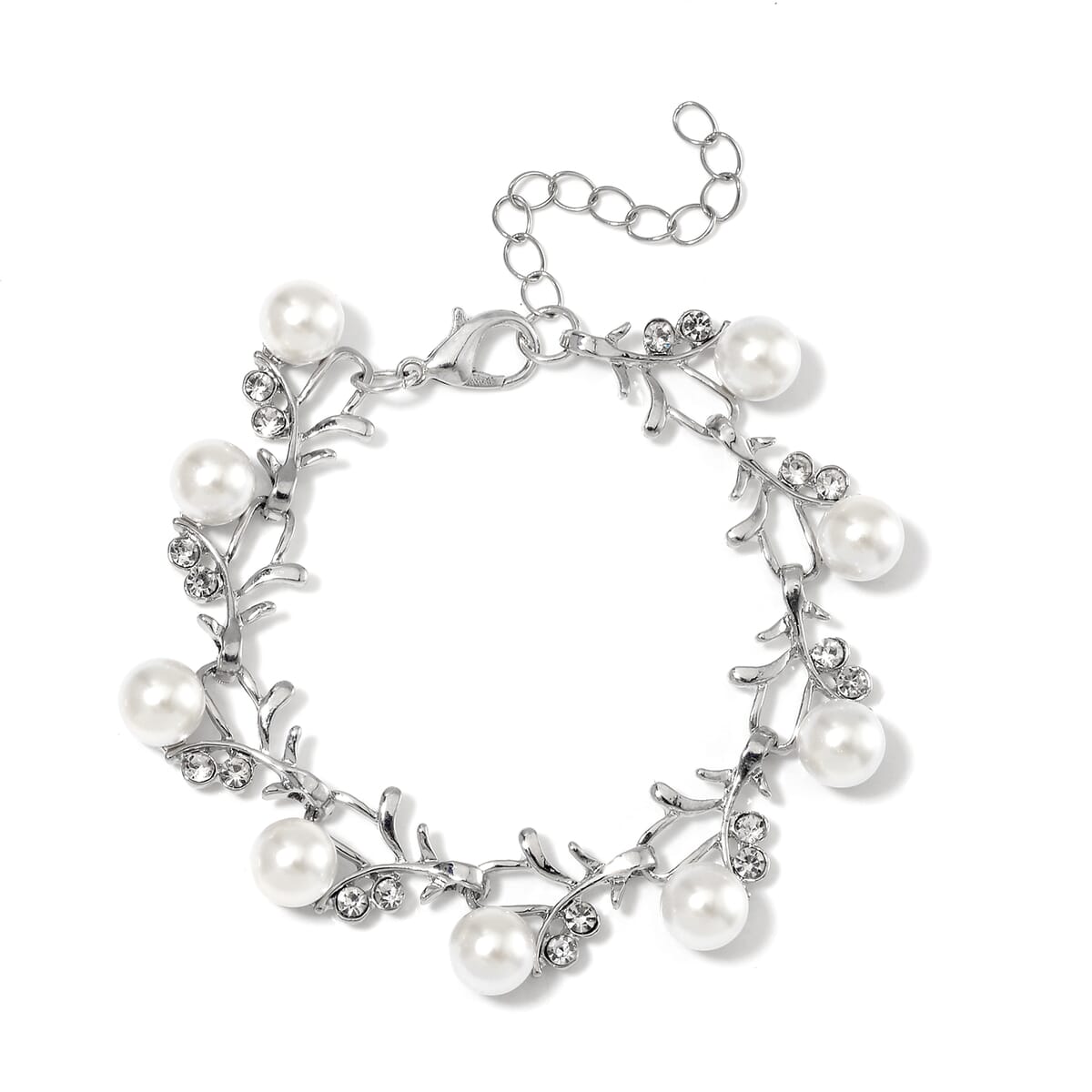 White Shell Pearl and Austrian Crystal Bracelet in Silvertone (6.50-8.50In) image number 0