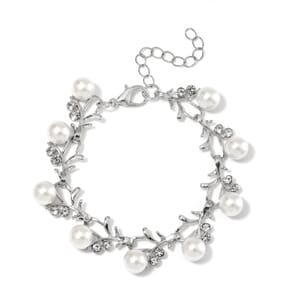 White Shell Pearl and Austrian Crystal Bracelet in Silvertone (6.50-8.50In)