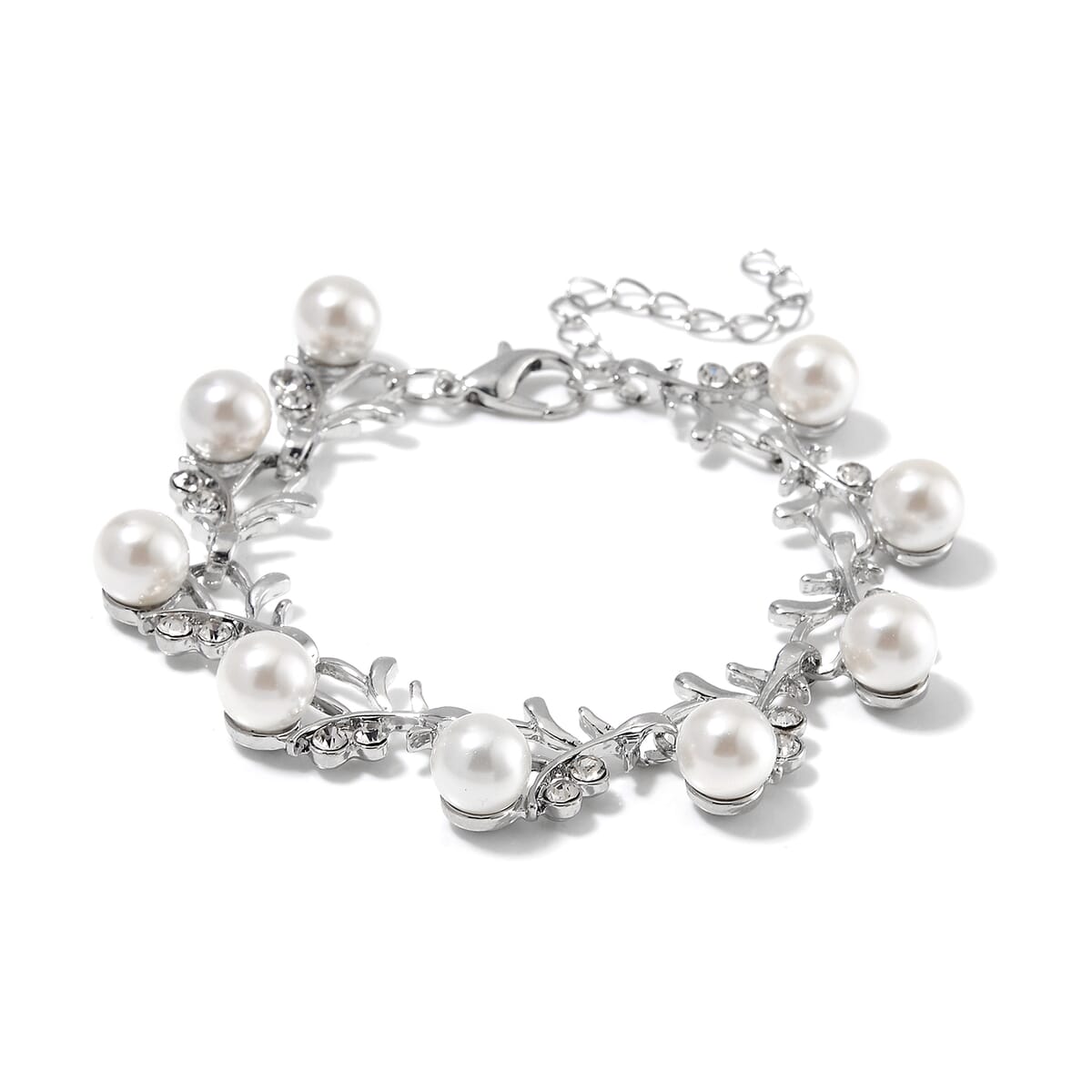 White Shell Pearl and Austrian Crystal Bracelet in Silvertone (6.50-8.50In) image number 2