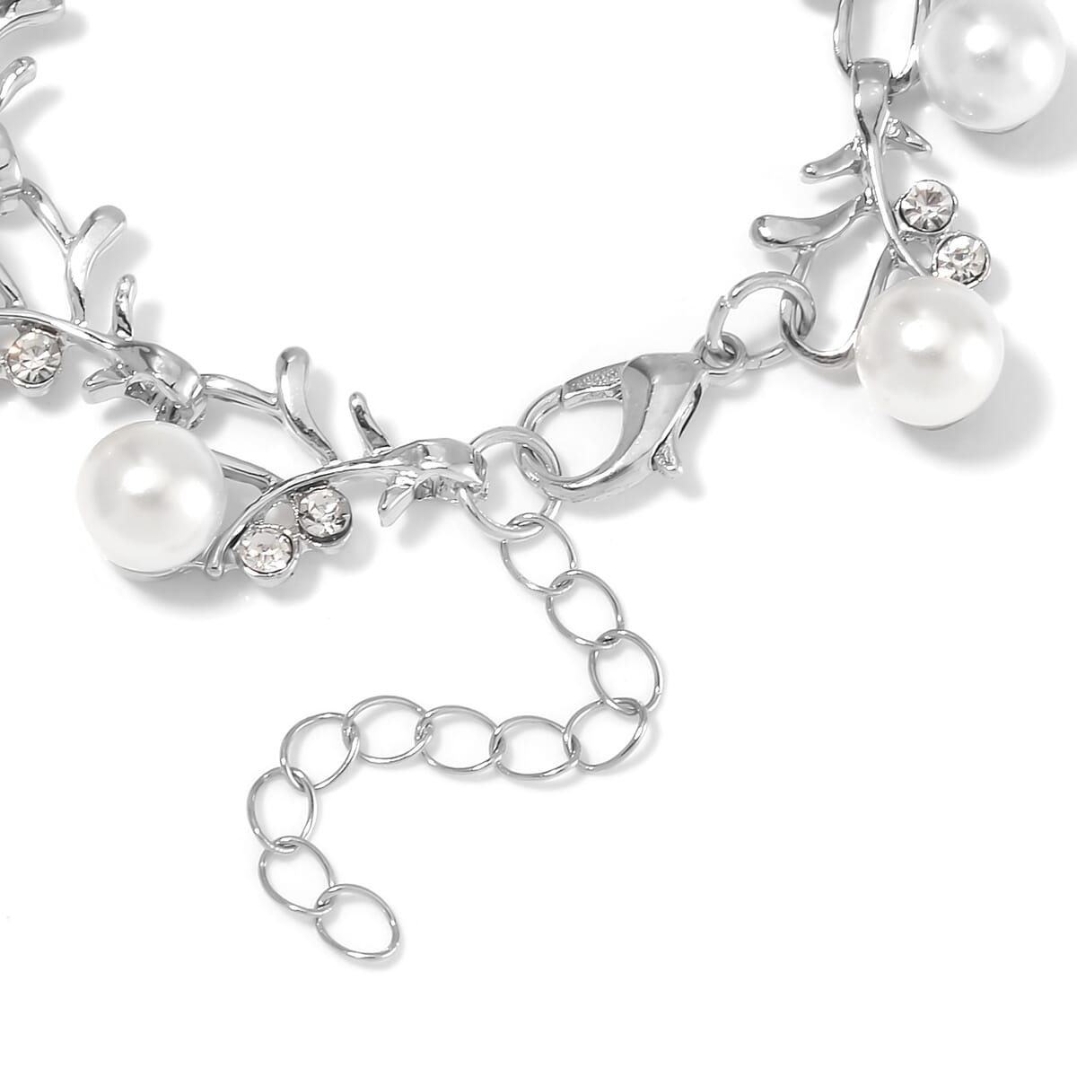 White Shell Pearl and Austrian Crystal Bracelet in Silvertone (6.50-8.50In) image number 3
