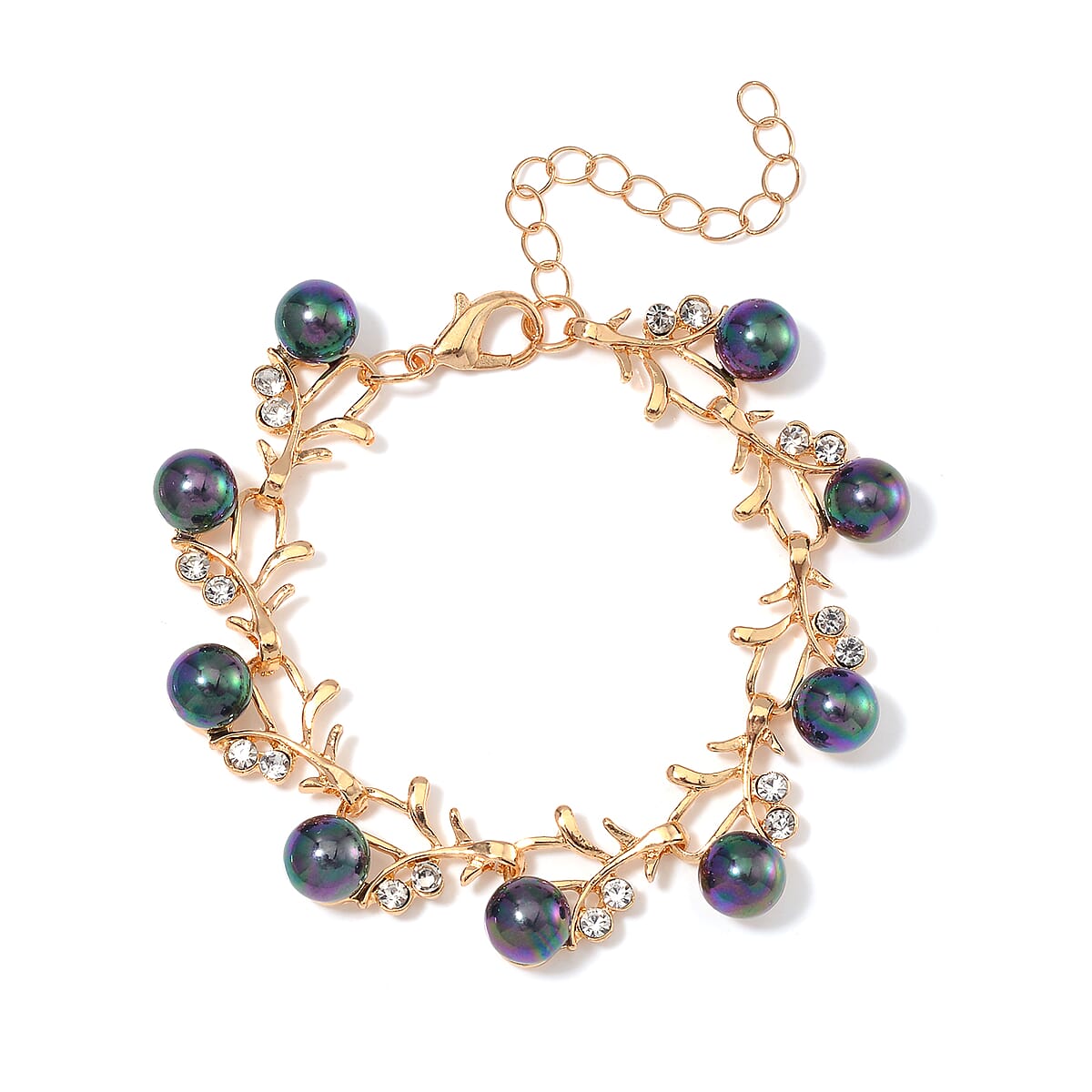 Peacock Color Shell Pearl and Austrian Crystal Bracelet in Goldtone (6.50-8.50In) image number 0