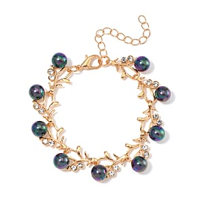 Peacock Color Shell Pearl and Austrian Crystal Bracelet in Goldtone (6.50-8.50In)