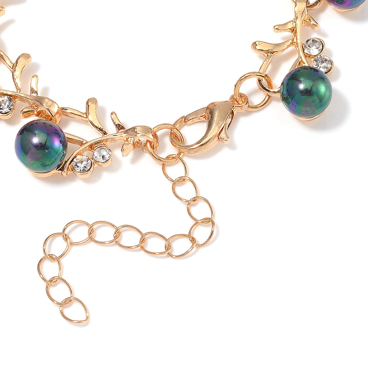 Peacock Color Shell Pearl and Austrian Crystal Bracelet in Goldtone (6.50-8.50In) image number 3