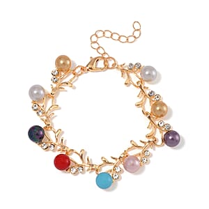 Multi Color Shell Pearl and Austrian Crystal Blossom Vine Bracelet in Goldtone (6.50-8.50In)