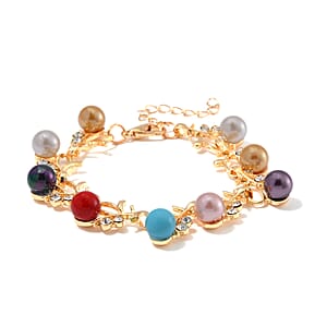 Multi Color Shell Pearl and Austrian Crystal Blossom Vine Bracelet in Goldtone (6.50-8.50In)