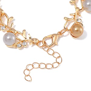 Multi Color Shell Pearl and Austrian Crystal Blossom Vine Bracelet in Goldtone (6.50-8.50In)