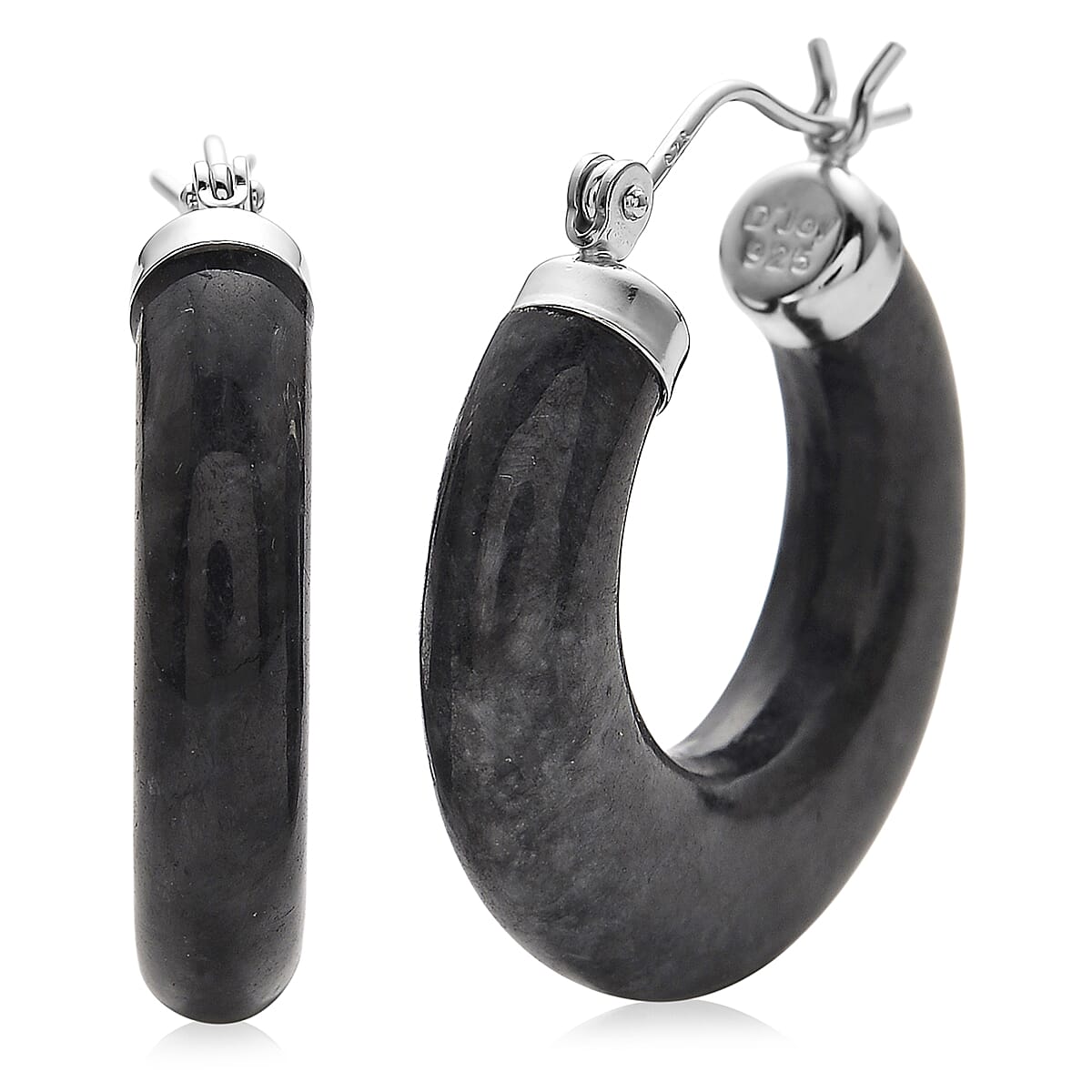 Natural Black Jade 35.00 ctw Hoop Earrings in Rhodium Over Sterling Silver