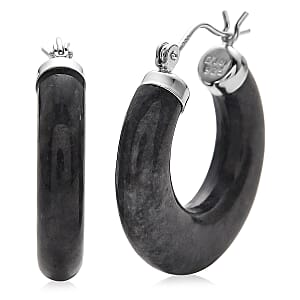 Black Jade (D) 35.00 ctw Hoop Earrings in Rhodium Over Sterling Silver