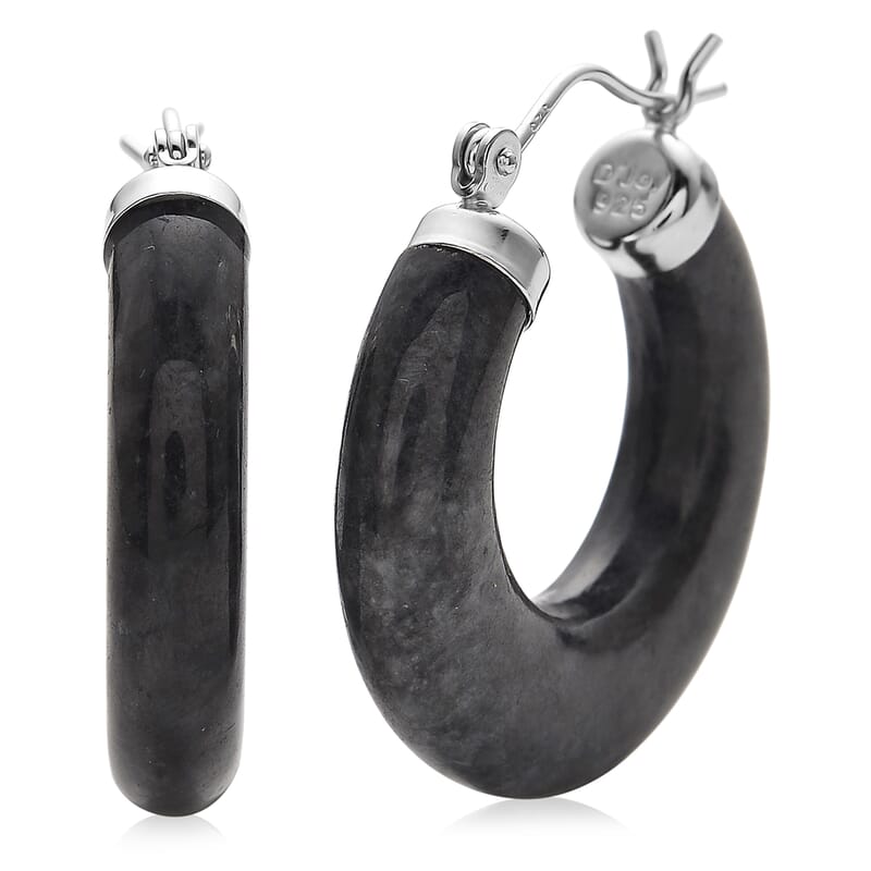 Natural Black Jade 35.00 ctw Hoop Earrings in Rhodium Over Sterling Silver