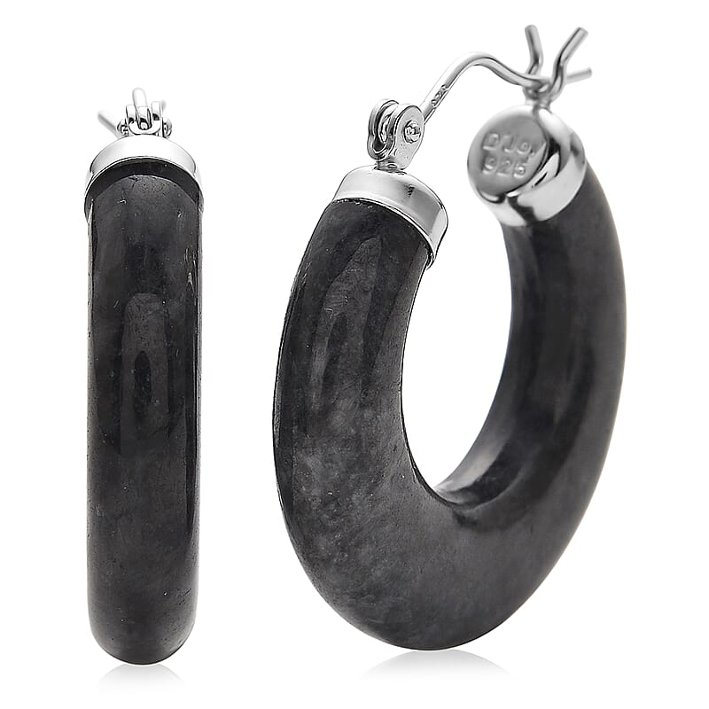 Natural Black Jade 35.00 ctw Hoop Earrings in Rhodium Over Sterling Silver