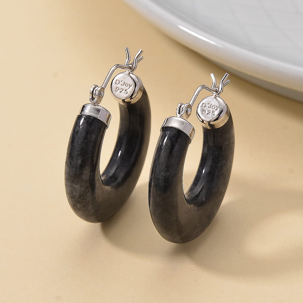 Black Jade (D) 35.00 ctw Hoop Earrings in Rhodium Over Sterling Silver image number 1