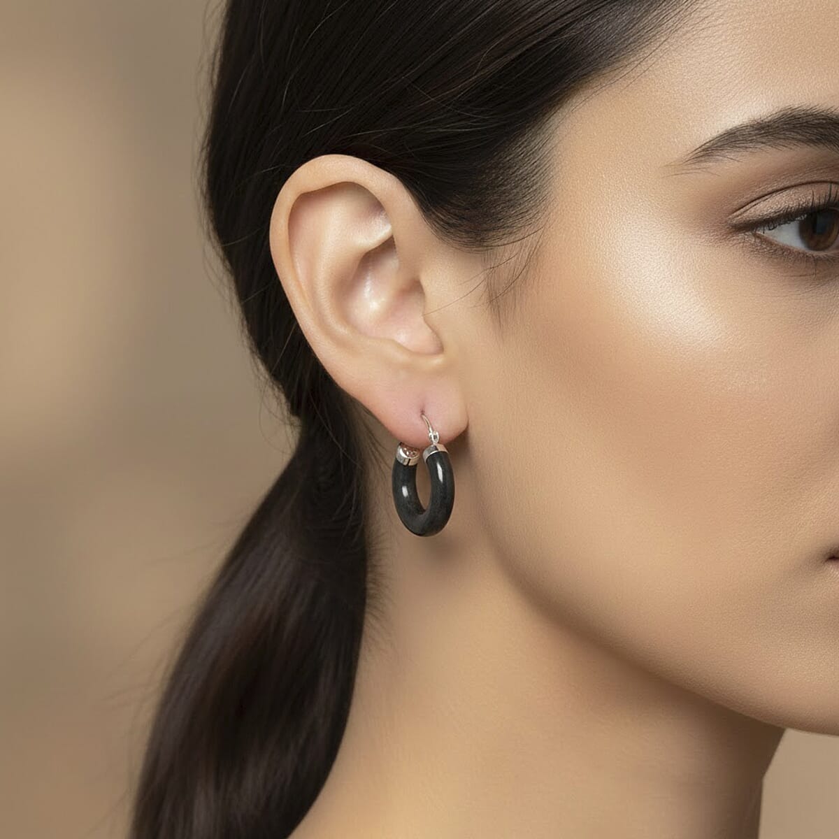 Black Jade (D) 35.00 ctw Hoop Earrings in Rhodium Over Sterling Silver image number 2