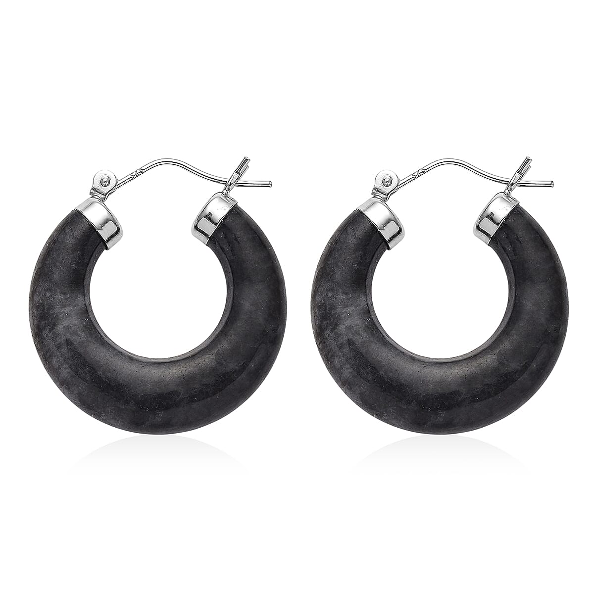Natural Black Jade 35.00 ctw Hoop Earrings in Rhodium Over Sterling Silver