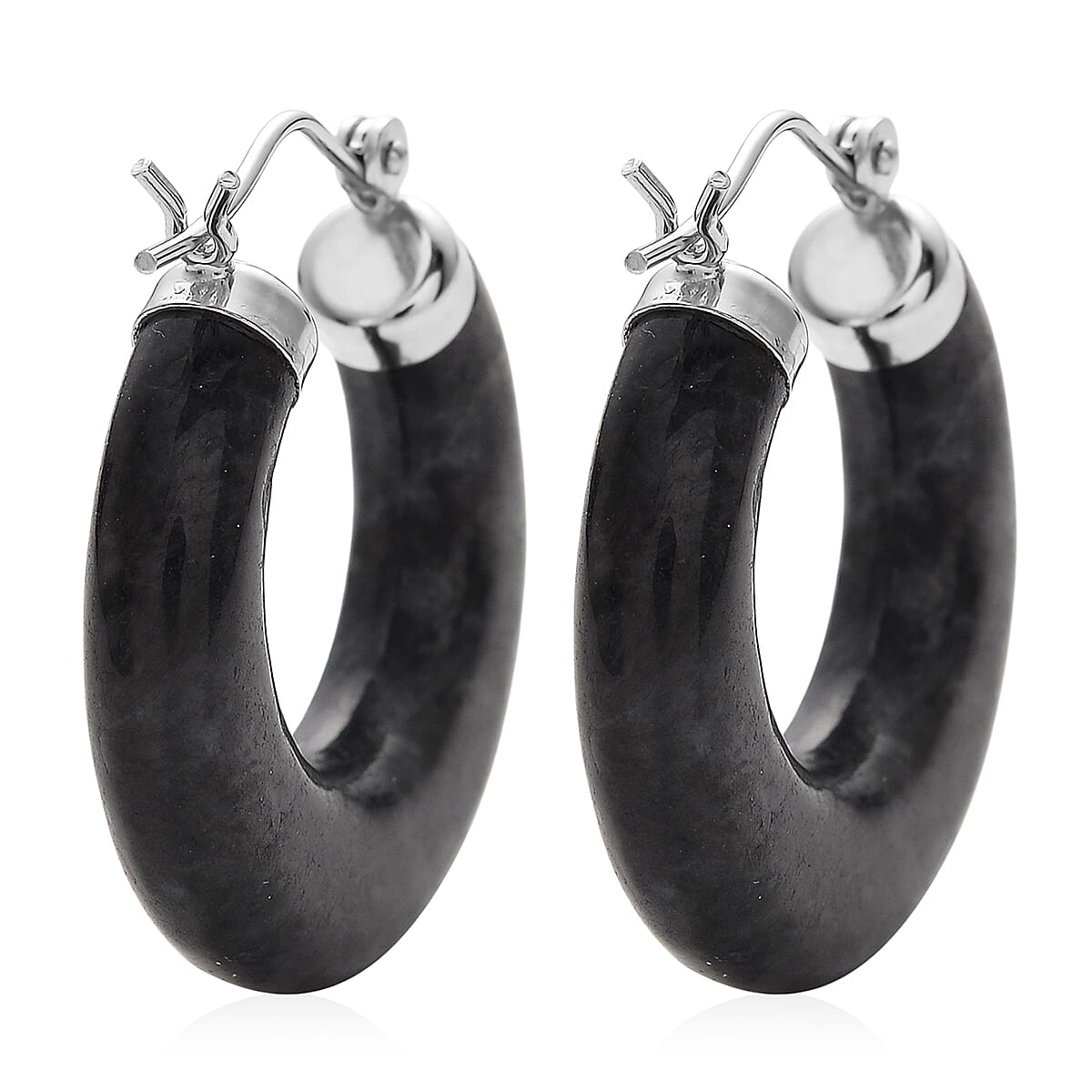Natural Black Jade 35.00 ctw Hoop Earrings in Rhodium Over Sterling Silver