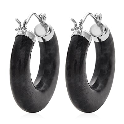 Natural Black Jade 35.00 ctw Hoop Earrings in Rhodium Over Sterling Silver