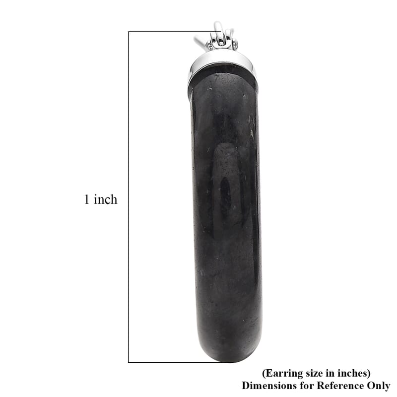 Natural Black Jade 35.00 ctw Hoop Earrings in Rhodium Over Sterling Silver