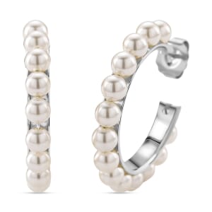 White Shell Pearl Hoop Earrings in Silvertone and Stainless Steel