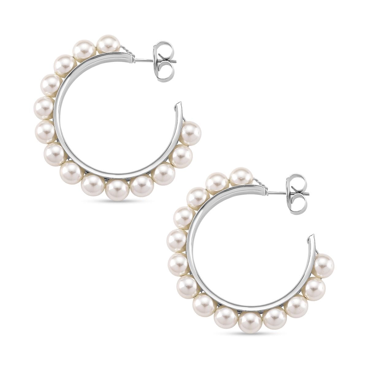 White Shell Pearl Hoop Earrings in Silvertone and Stainless Steel image number 3