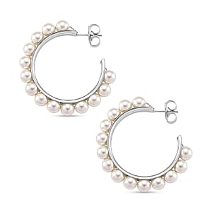 White Shell Pearl Hoop Earrings in Silvertone and Stainless Steel