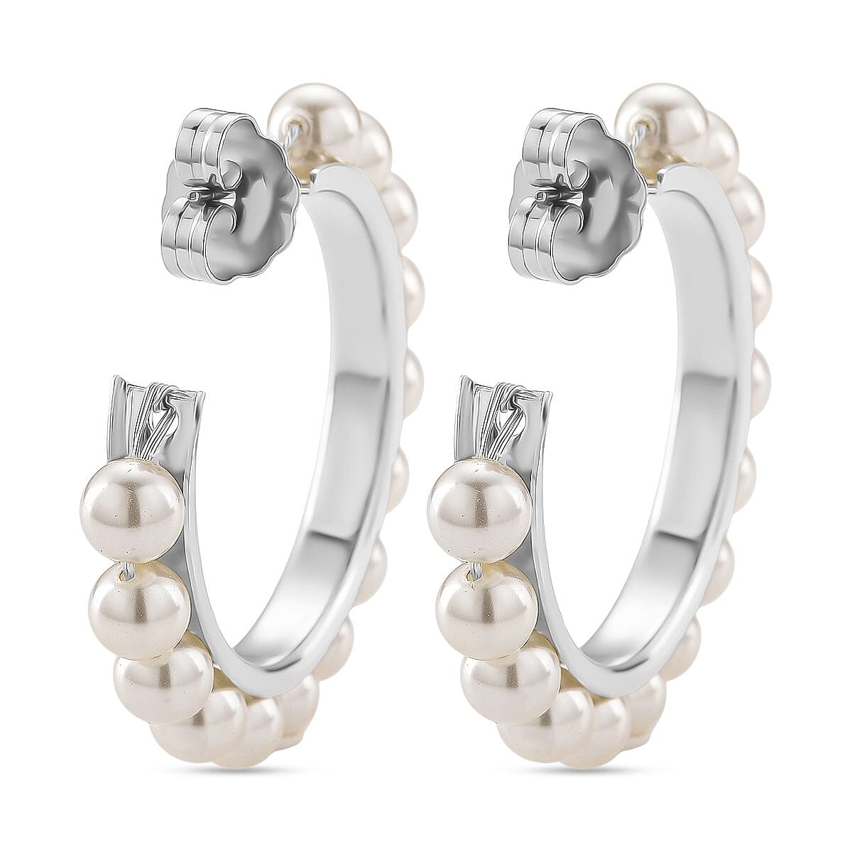 White Shell Pearl Hoop Earrings in Silvertone and Stainless Steel