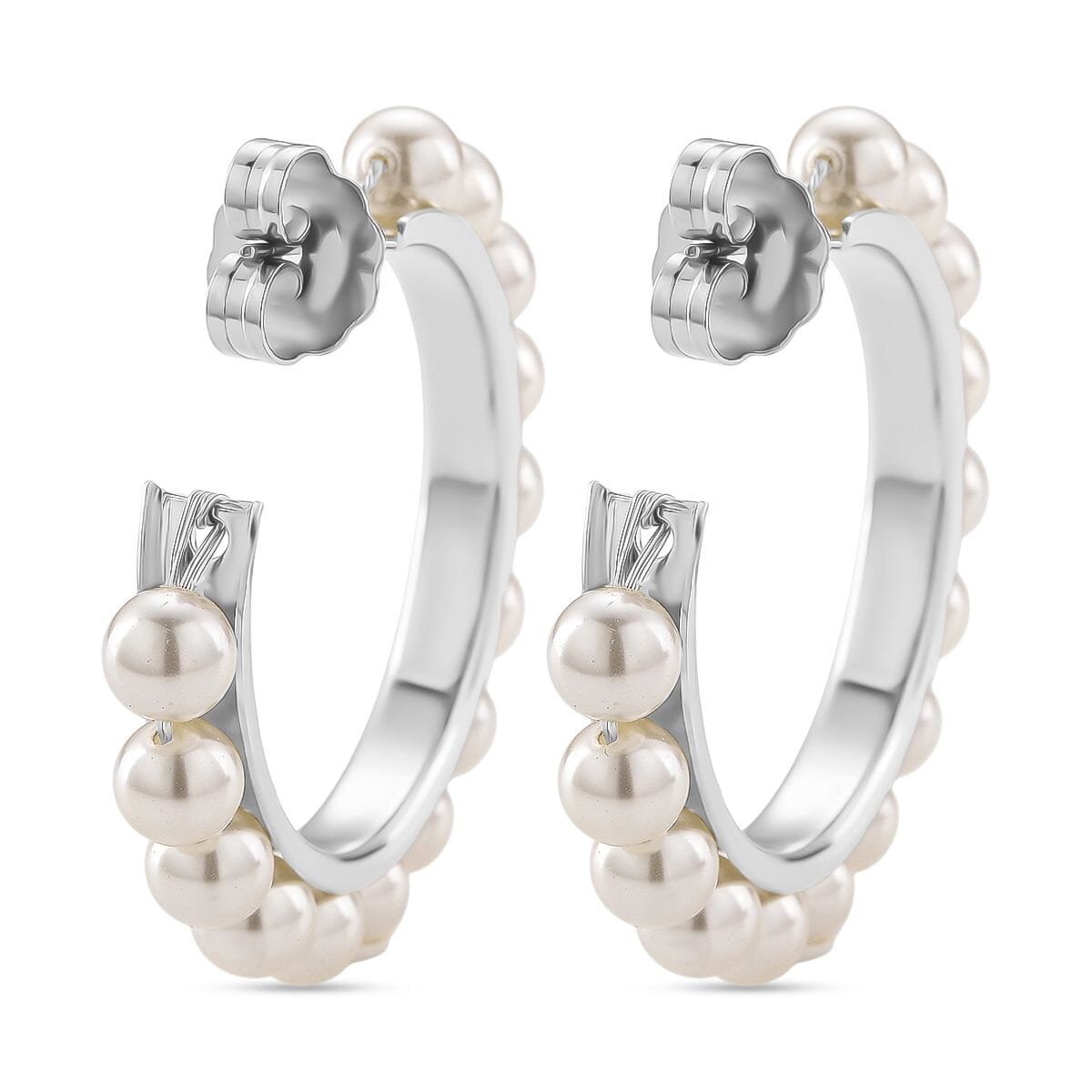 White Shell Pearl Hoop Earrings in Silvertone and Stainless Steel image number 4