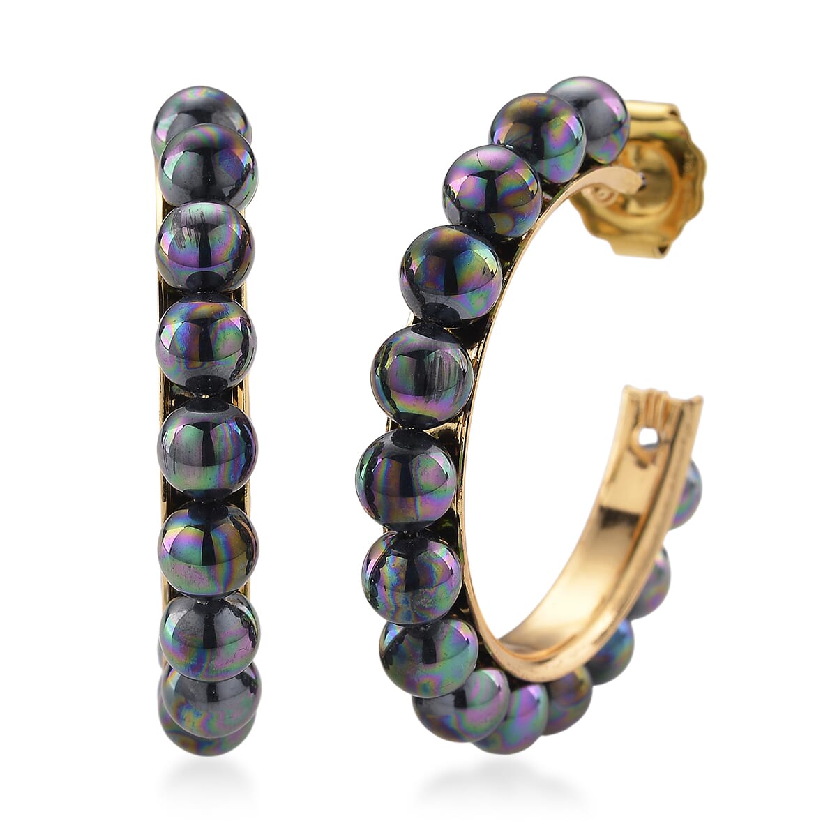 Peacock Color Shell Pearl Hoop Earrings in Goldtone and ION Plated YG Stainless Steel image number 0