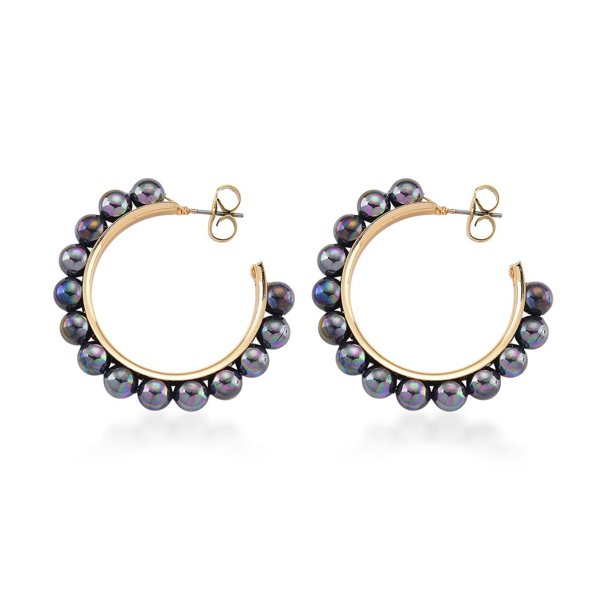Peacock Color Shell Pearl Hoop Earrings in Goldtone and ION Plated YG Stainless Steel image number 3