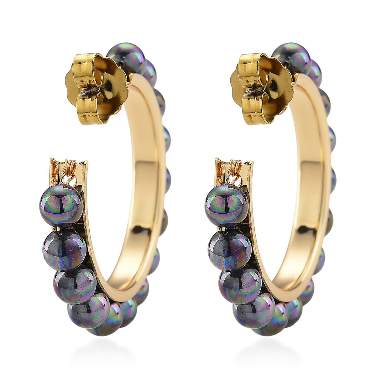 Peacock Color Shell Pearl Hoop Earrings in Goldtone and ION Plated YG Stainless Steel