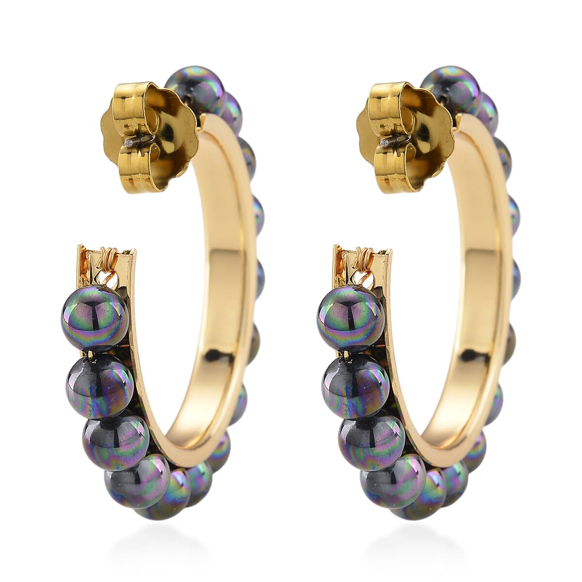 Peacock Color Shell Pearl Hoop Earrings in Goldtone and ION Plated YG Stainless Steel image number 4