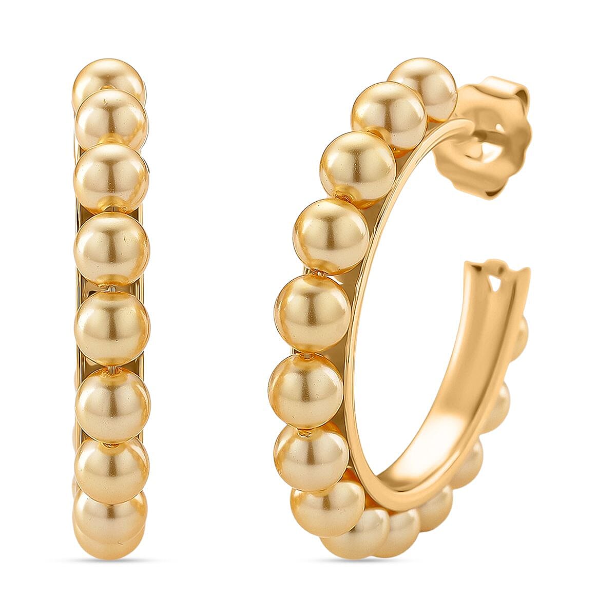 Golden Color Shell Pearl Hoop Earrings in Goldtone and ION Plated YG Stainless Steel image number 0