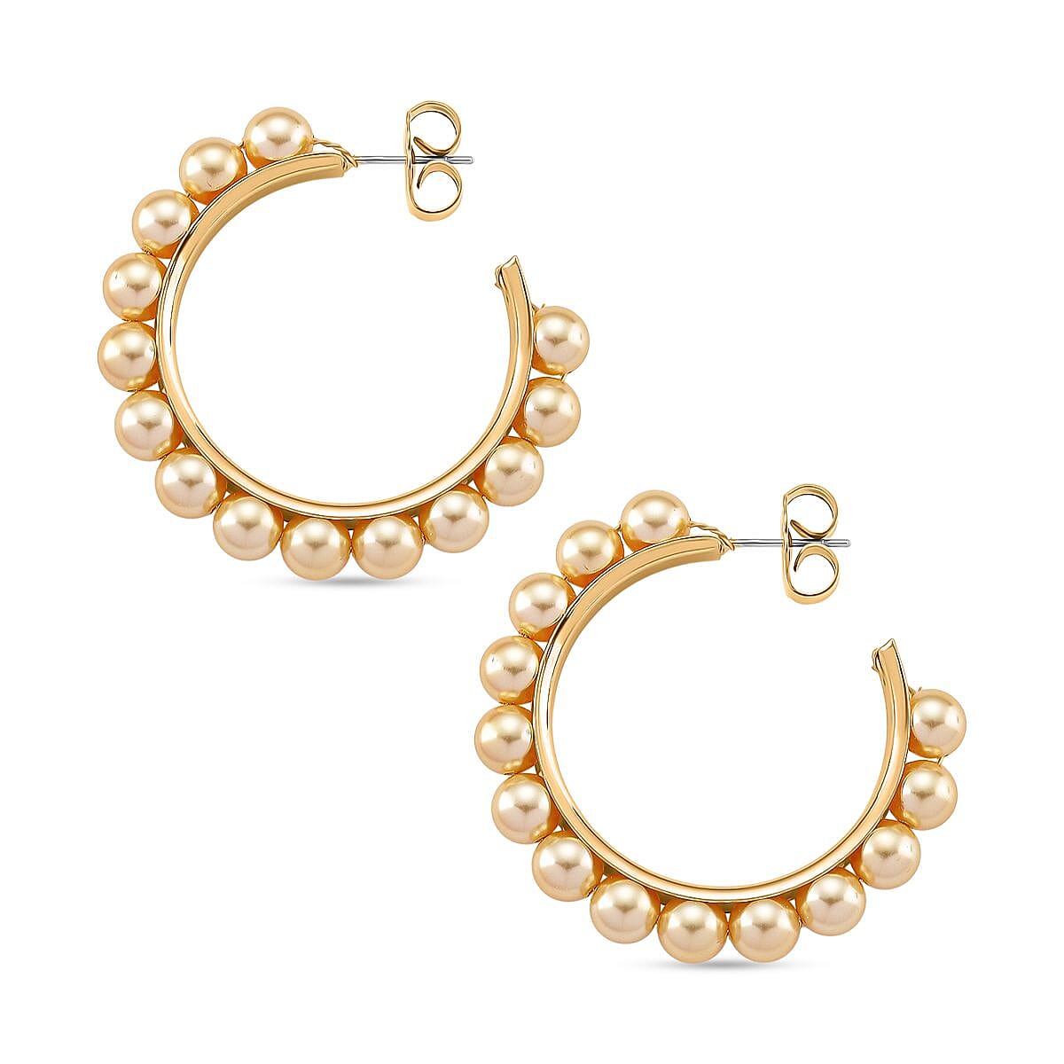 Golden Color Shell Pearl Hoop Earrings in Goldtone and ION Plated YG Stainless Steel image number 3