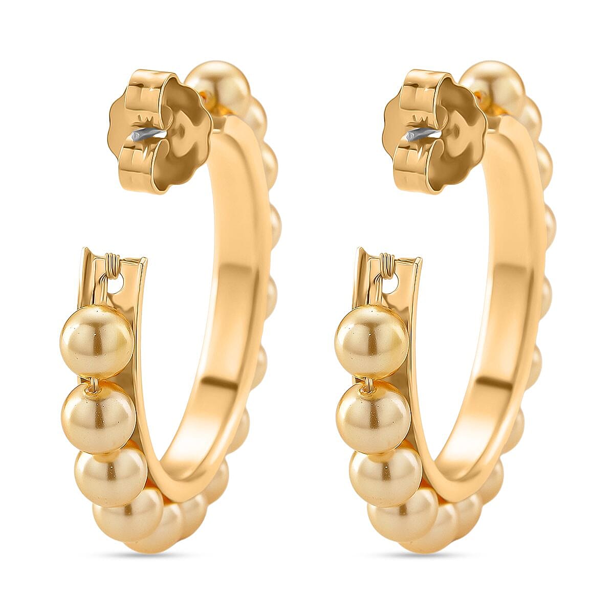 Golden Color Shell Pearl Hoop Earrings in Goldtone and ION Plated YG Stainless Steel image number 4