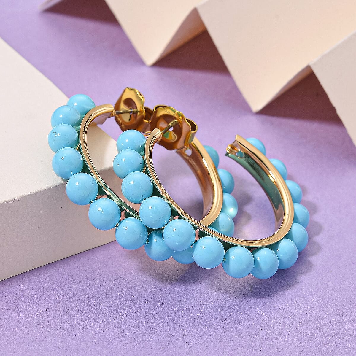 Doorbuster Sleeping Beauty Color Shell Pearl Hoop Earrings in Goldtone and ION Plated YG Stainless Steel image number 1