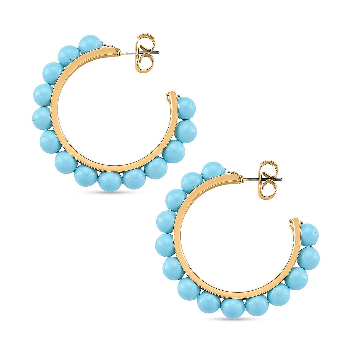 Doorbuster Sleeping Beauty Color Shell Pearl Hoop Earrings in Goldtone and ION Plated YG Stainless Steel image number 3