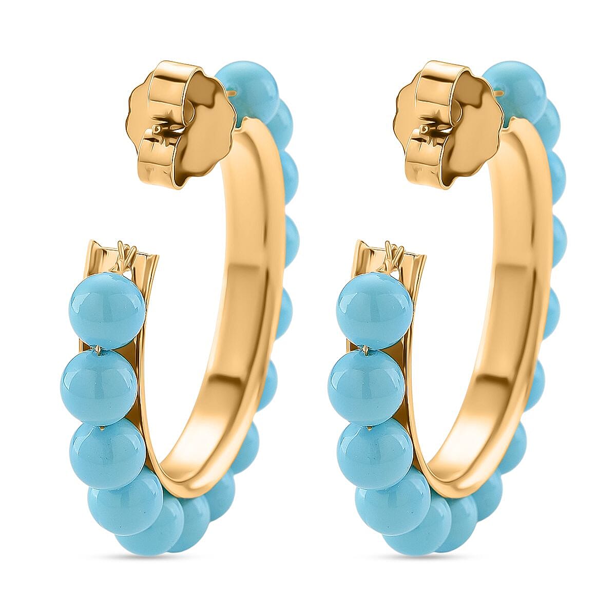 Doorbuster Sleeping Beauty Color Shell Pearl Hoop Earrings in Goldtone and ION Plated YG Stainless Steel image number 4