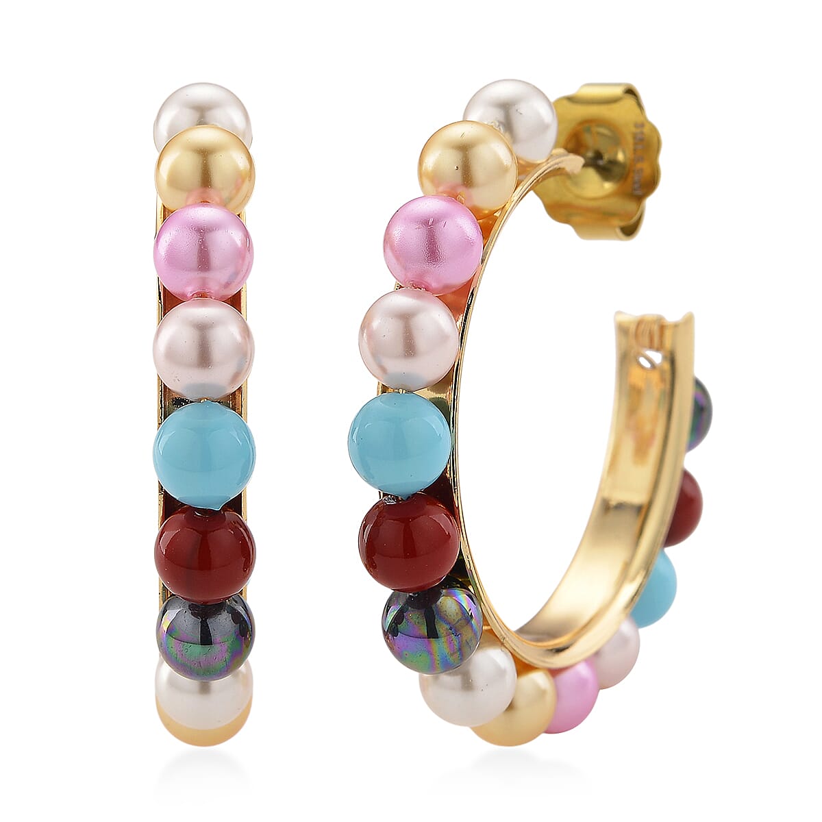 Doorbuster Multi Color Shell Pearl Hoop Earrings in Goldtone and ION Plated YG Stainless Steel image number 0
