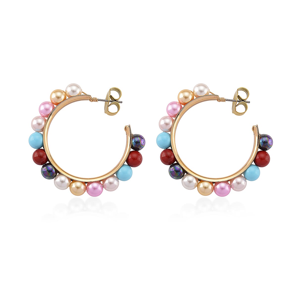 Doorbuster Multi Color Shell Pearl Hoop Earrings in Goldtone and ION Plated YG Stainless Steel image number 3