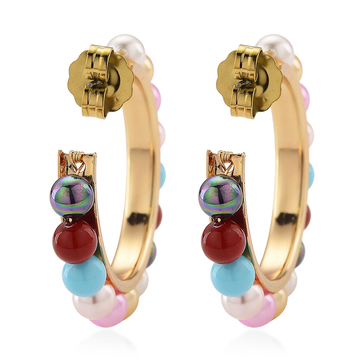 Doorbuster Multi Color Shell Pearl Hoop Earrings in Goldtone and ION Plated YG Stainless Steel image number 4