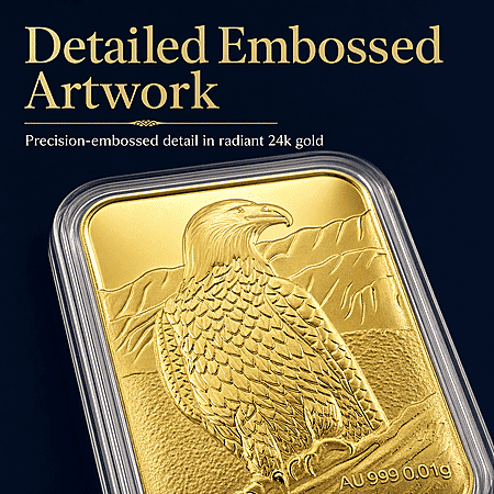 24K Gold American Bald Eagle – Symbol of Freedom & Strength Embossed Sheet 31x45.5mm 10mg - Product card gallery slide 4 (10178078671161)