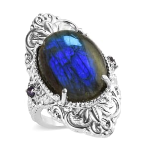 Ever True Malagasy Labradorite and African Amethyst 15.50 ctw Ring in Stainless Steel (Size 5.0)
