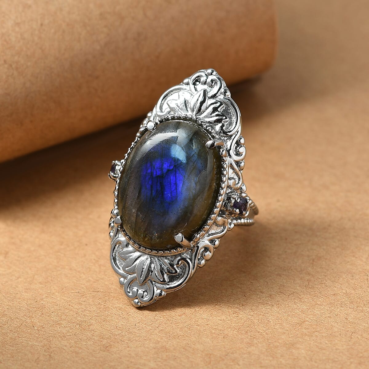 Ever True Malagasy Labradorite and African Amethyst 15.50 ctw Ring in Stainless Steel (Size 5.0) image number 1