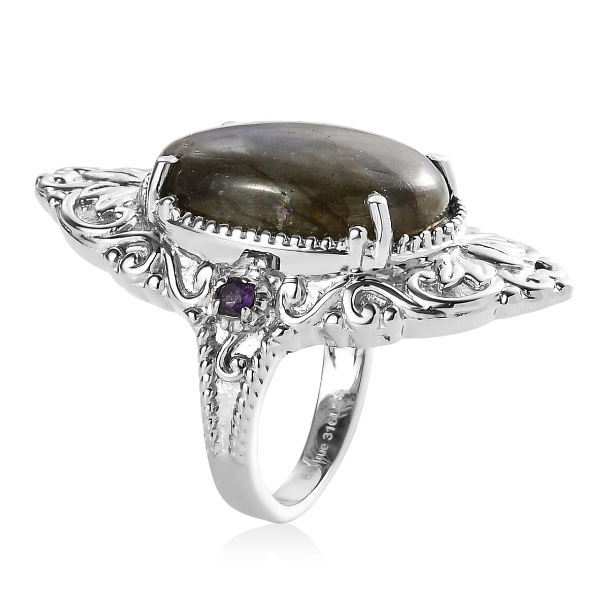 Ever True Malagasy Labradorite and African Amethyst 15.50 ctw Ring in Stainless Steel (Size 5.0) image number 3