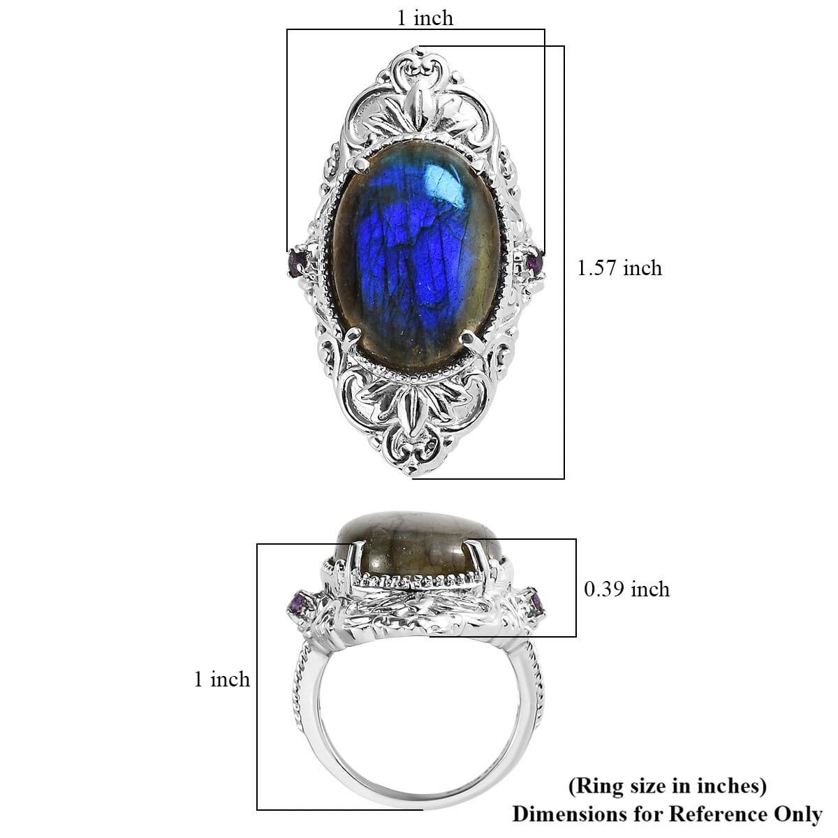 Ever True Malagasy Labradorite and African Amethyst 15.50 ctw Ring in Stainless Steel (Size 5.0) image number 5