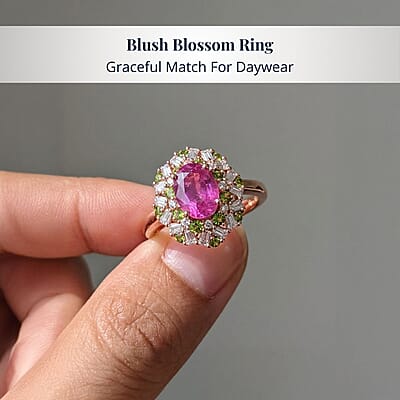 D'Joy Ilakaka Hot Pink Sapphire (FF) and Multi Gemstone 2.90 ctw Blush Blossom Ring in 18K Vermeil Rose Gold Over Sterling Silver (Size 10.0)