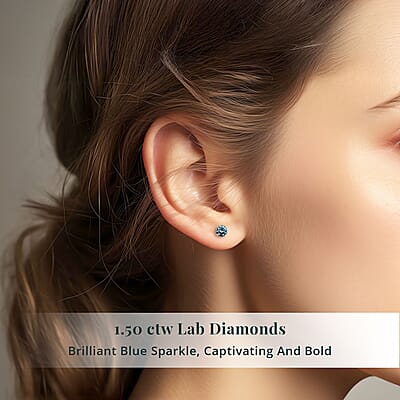 Luxuriant Lab Grown Blue Diamond (IR) SI 1.50 ctw Blue Moon Stud Earring in 18K Vermeil Yellow Gold Over Sterling Silver