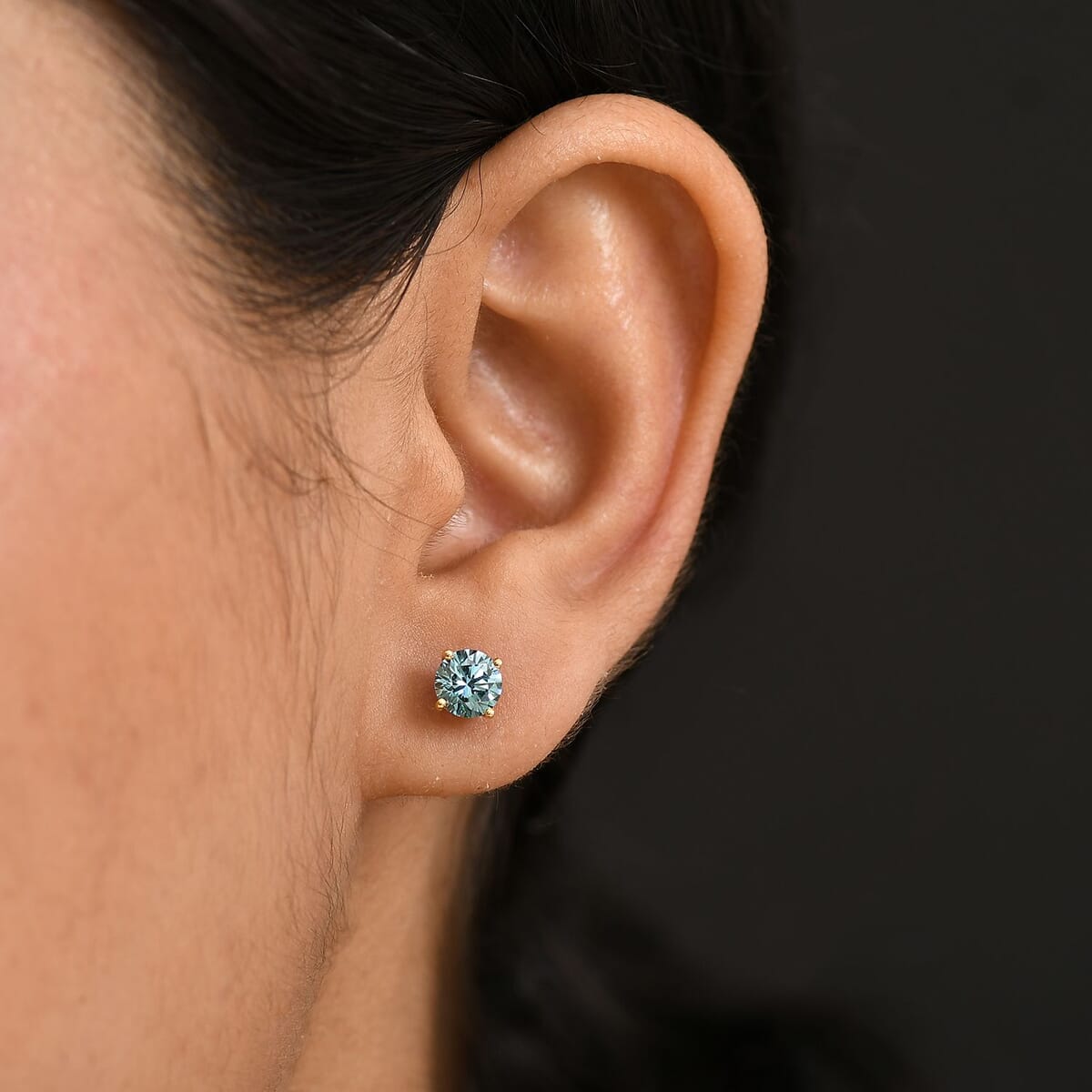 Luxuriant Lab Grown Blue Diamond (SI) Solitaire Stud Earring in 18K Vermeil YG Over Sterling Silver 1.50 ctw image number 2