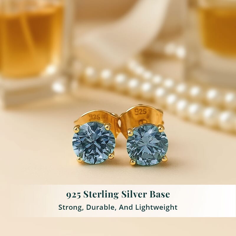 Luxuriant Lab Grown Blue Diamond (IR) SI 1.50 ctw Blue Moon Stud Earring in 18K Vermeil Yellow Gold Over Sterling Silver