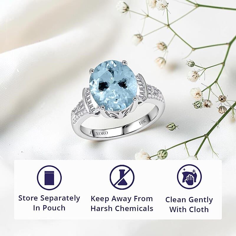 Luxoro 10K White Gold Premium Aquamarine, Diamond (I2) (0.28 cts) Ring (Size 10.5) 3.90 ctw